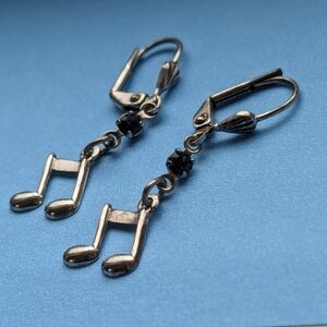 Musical Notes Earrings Blue Rhinestone Silver Tone Clasp Hooks
